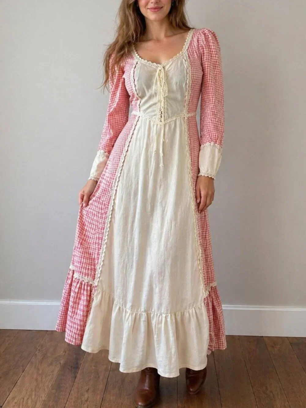 Vintage Gunne Sax Jessica Mcclintock Prairie Boho Corset Dress Checkered Red - Picture 13 of 13